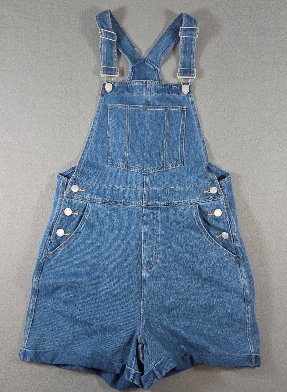 NWT Halara Flex Denim Shortalls Overalls S Reg Blue Stretch Side Button Shorty